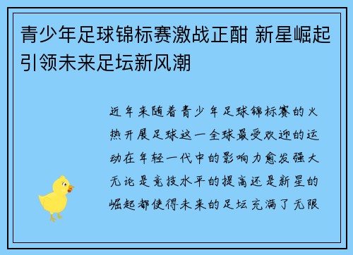 青少年足球锦标赛激战正酣 新星崛起引领未来足坛新风潮