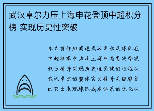 武汉卓尔力压上海申花登顶中超积分榜 实现历史性突破